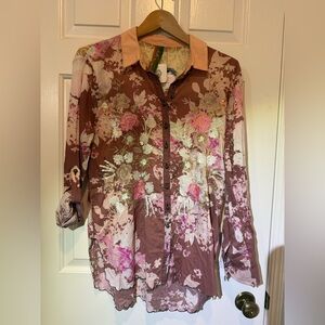 NWT Aratta Top sequins Floral Embroidered Button-Up Shirt lace black hem S *READ